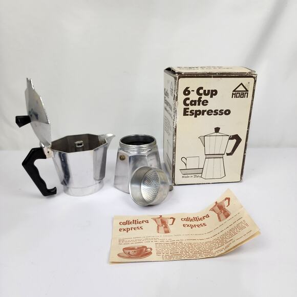 Vintage Hoan Cafe Espresso 3-6 Cup Coffee Maker Bakelite Handle Italy-in box MCM - Picture 1 of 5